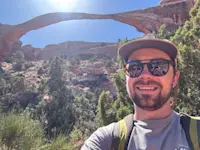Beneath the span of Landscape Arch, Arches National Park, Utah.