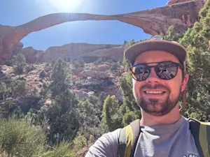 Beneath the span of Landscape Arch, Arches National Park, Utah.