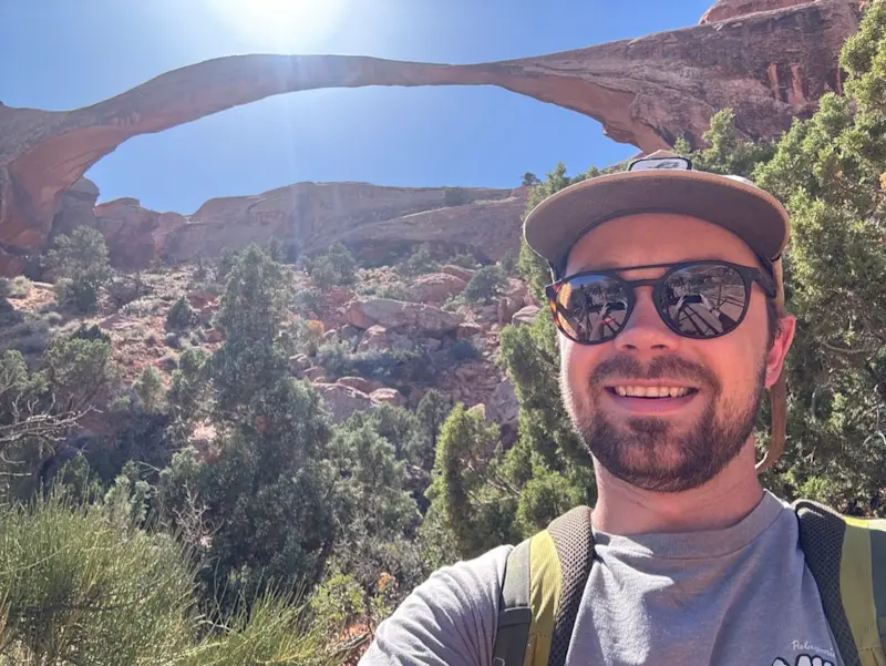 Beneath the span of Landscape Arch, Arches National Park, Utah.