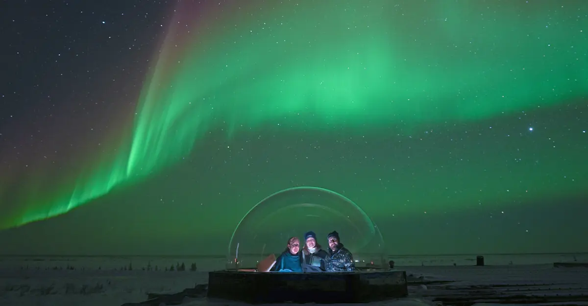 Nat Hab guests inside Aurora Dome, Churchill, Manitoba.