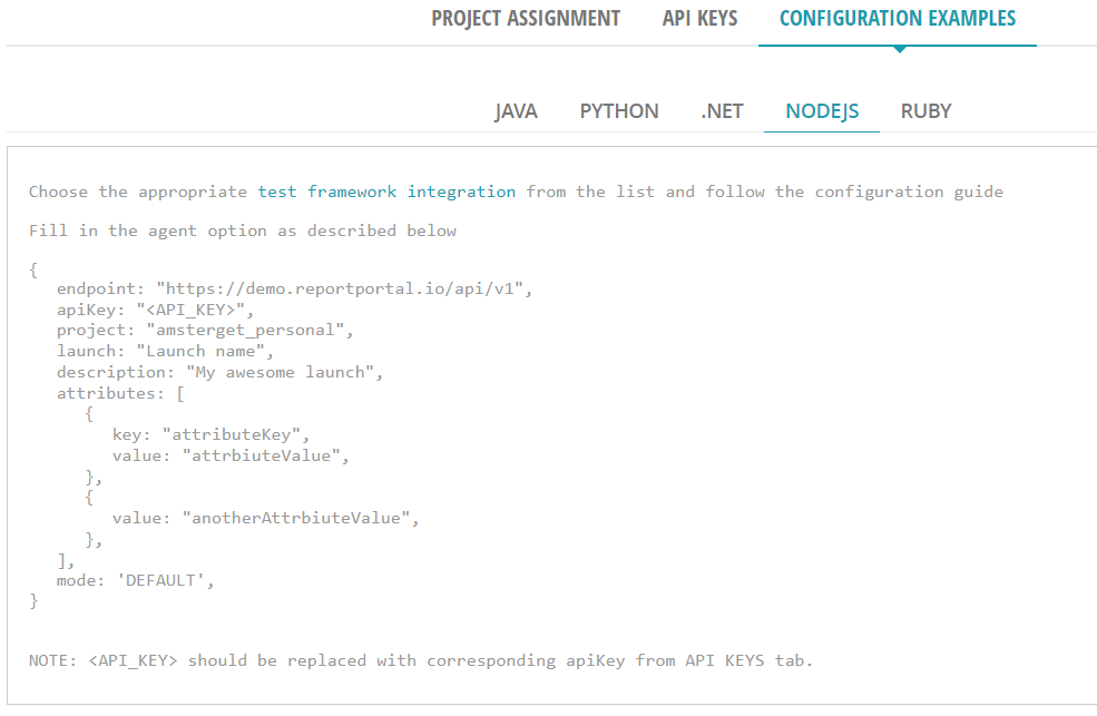 Configuration example for Node.js