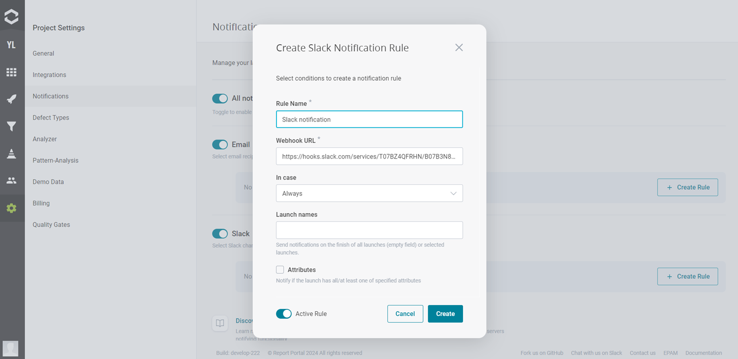 Create Slack notification rule