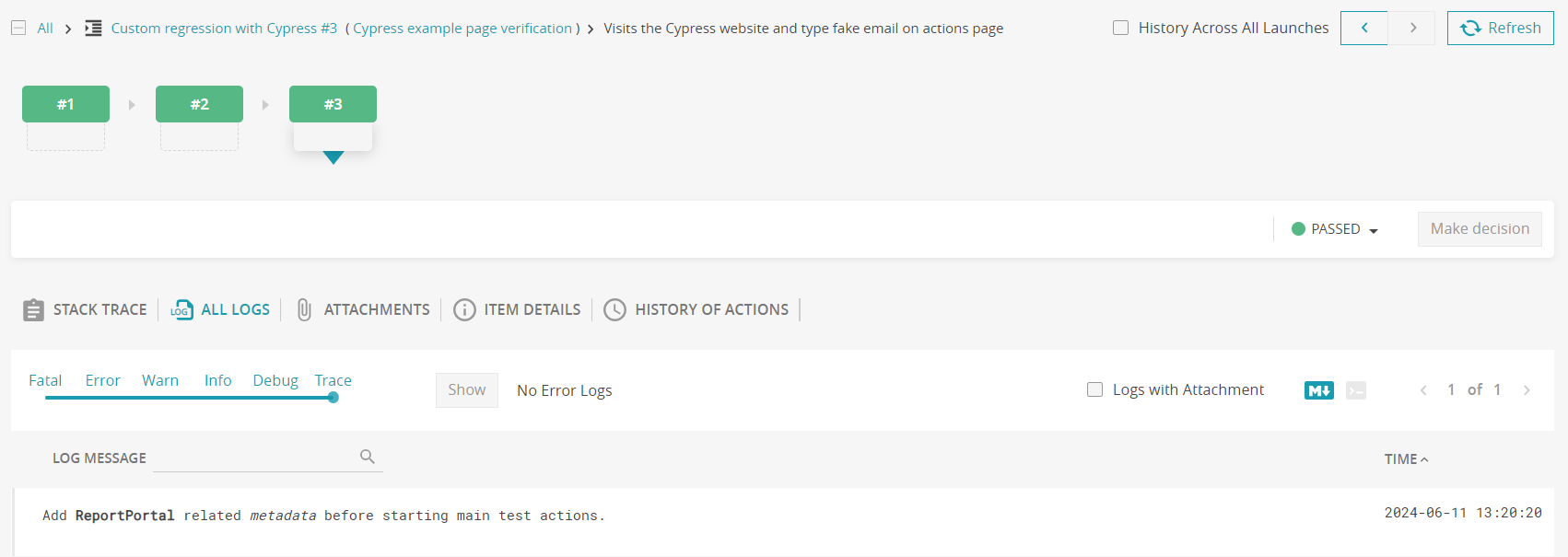 The logs for particular test result