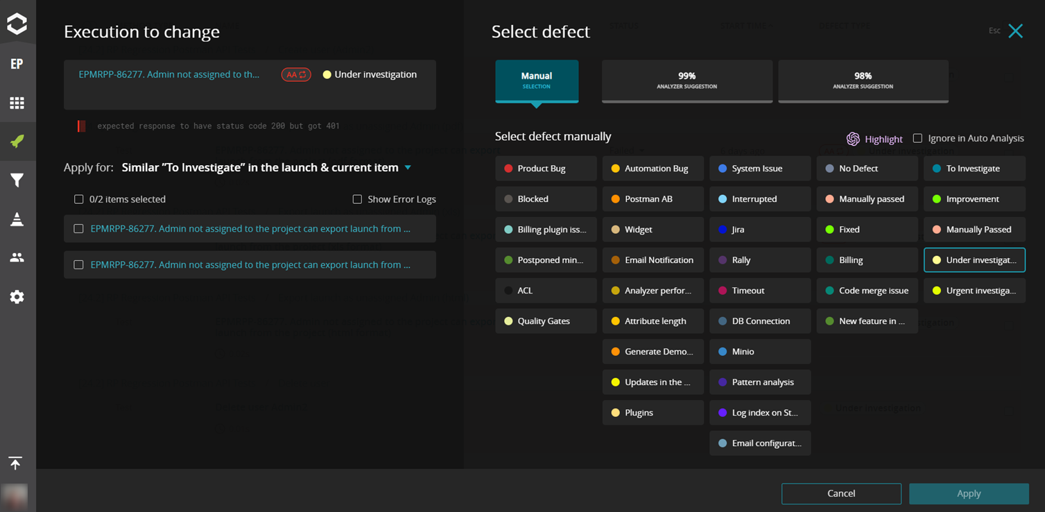 Selecting the necessary defect type manually