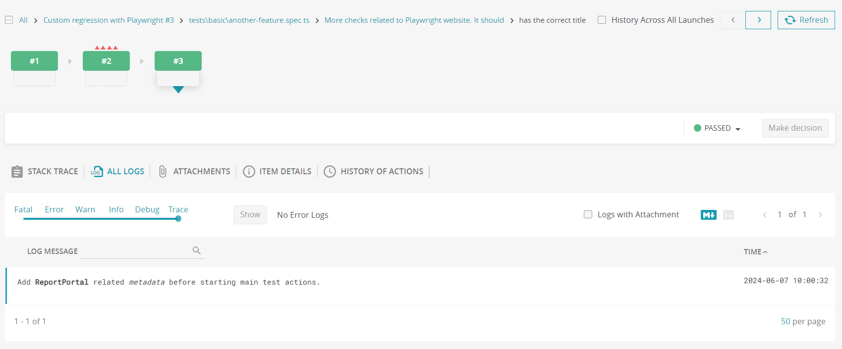 The logs for particular test result