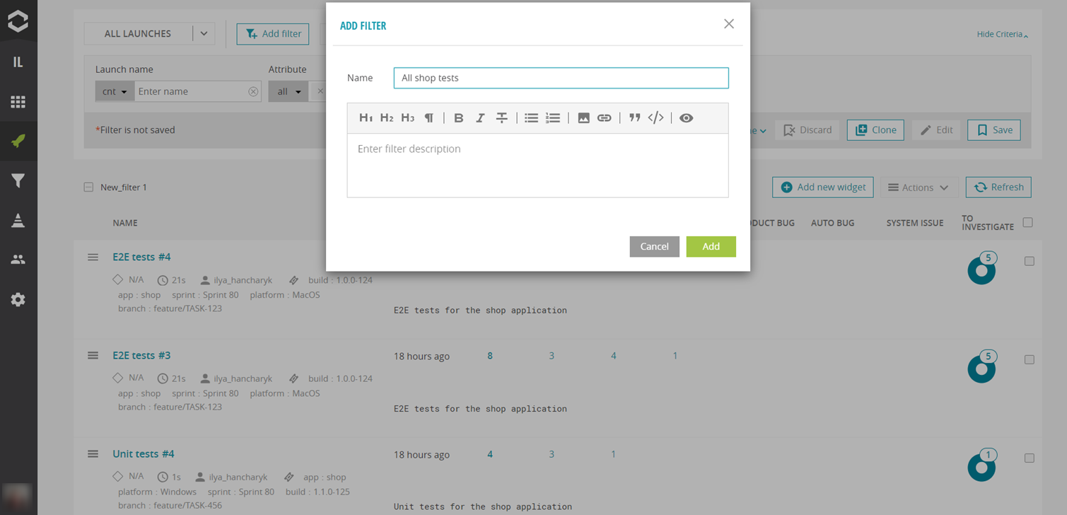 Create filter for All shop tests