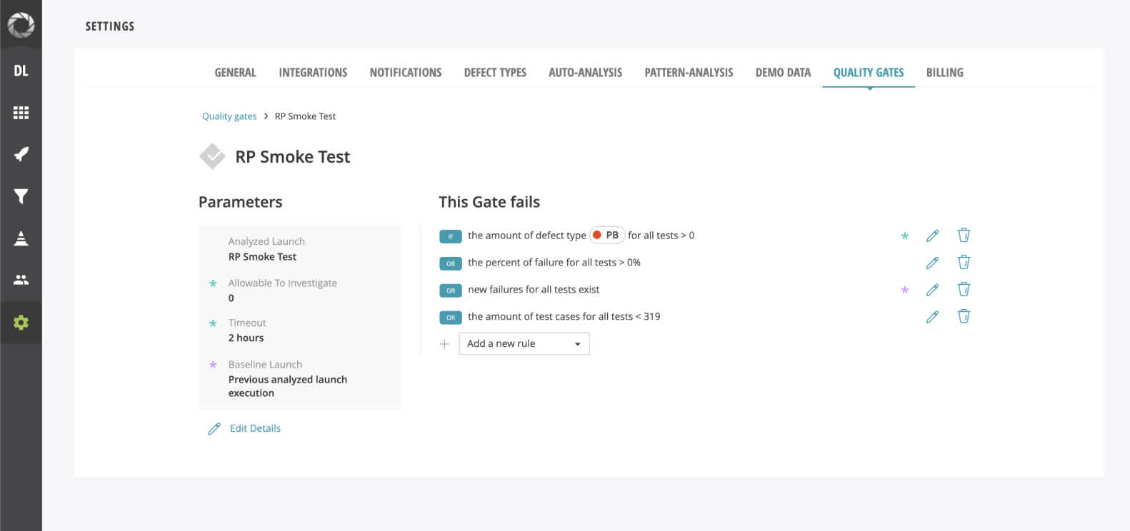 Rules for Quality Gates in our end to end testing reporting tool