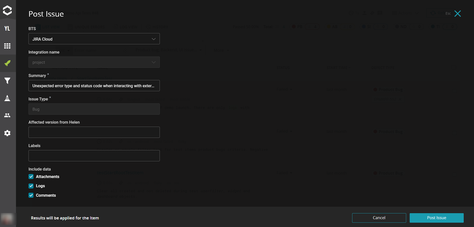 Create a bug directly from the test result