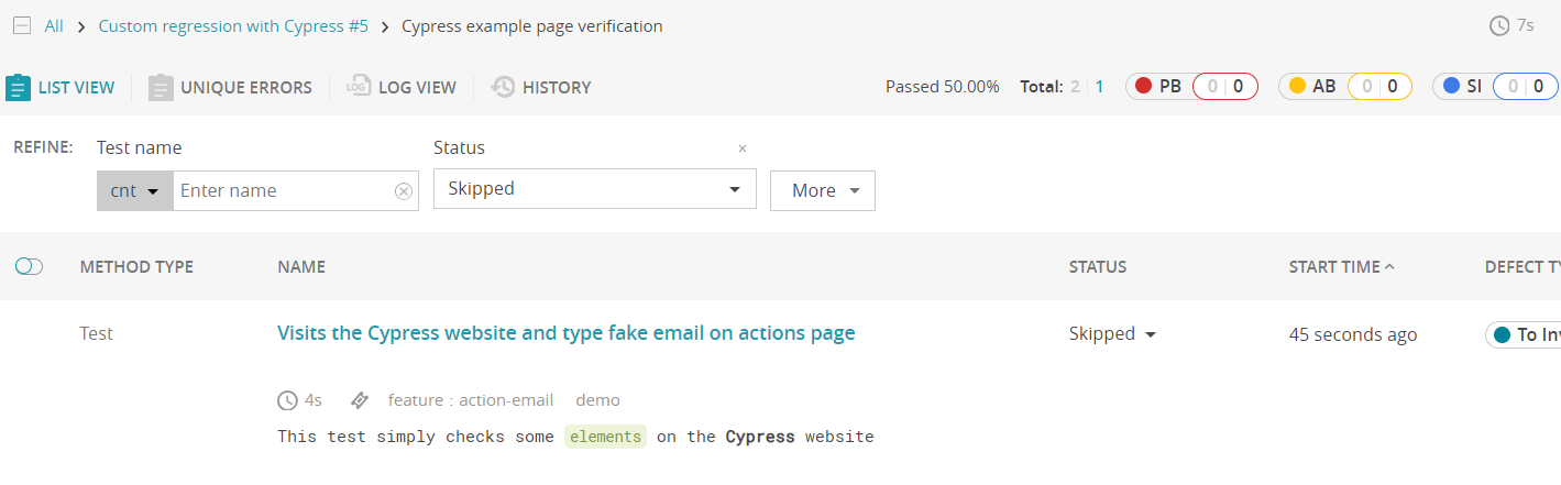 Test marked as ‘skipped’ in the system