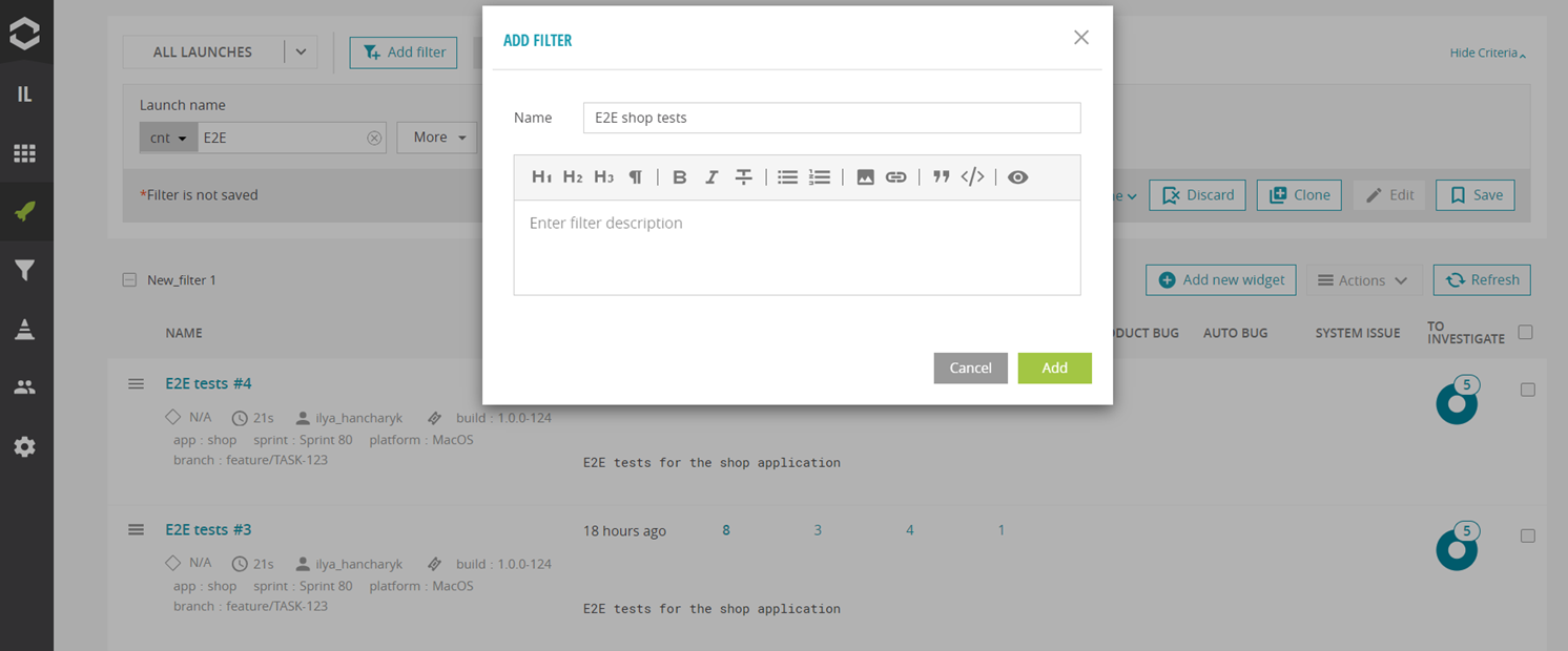 Create filter for E2E tests