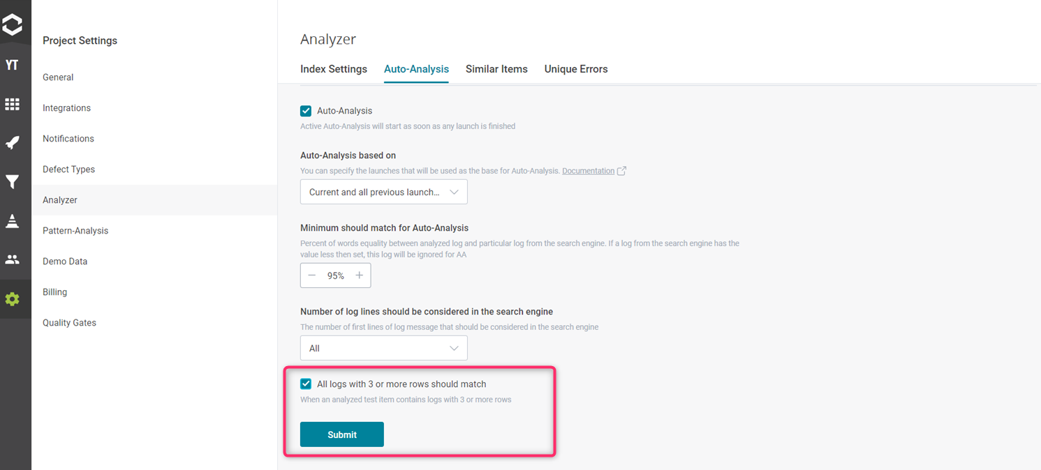 "All logs with three or more rows should match" setting