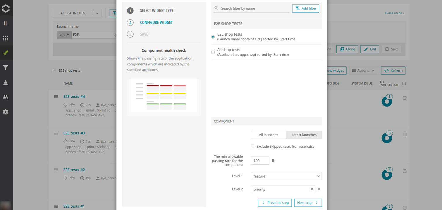 Create the Component Health Check widget for Latest Launches