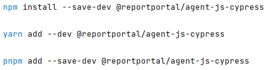 Commands to install Cypress agent using npm, yarn or pnpm 