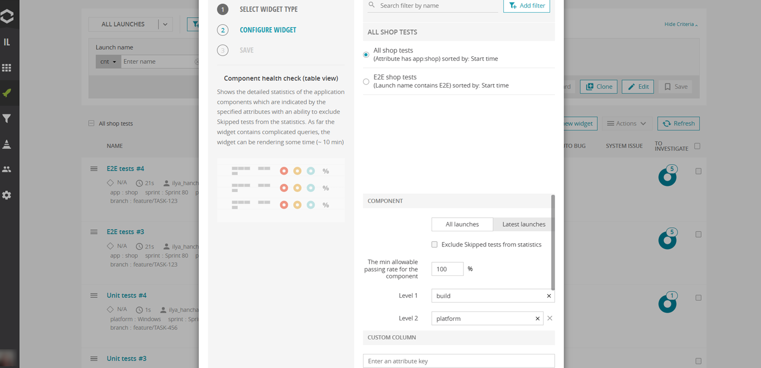 Create Component Health Check table view widget for Latest launches