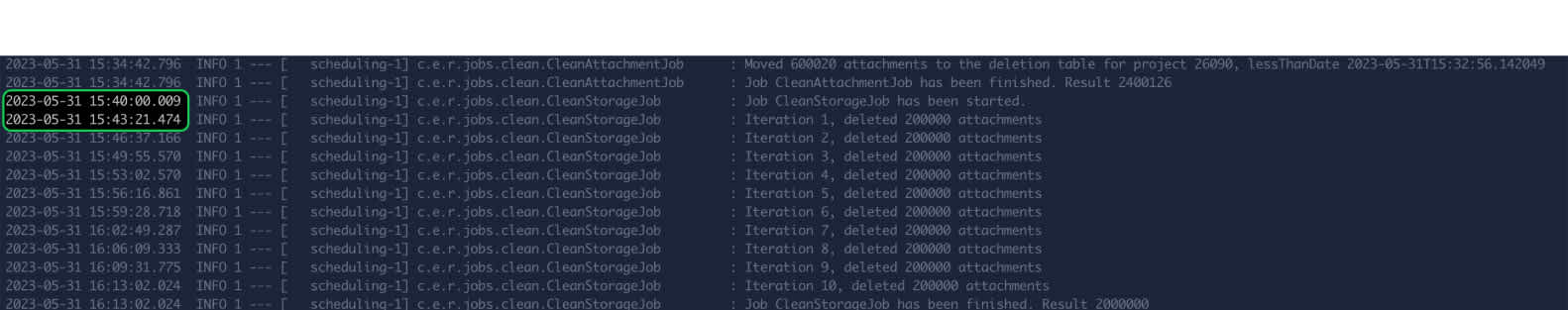 Logs after optimization of cleanStorage job