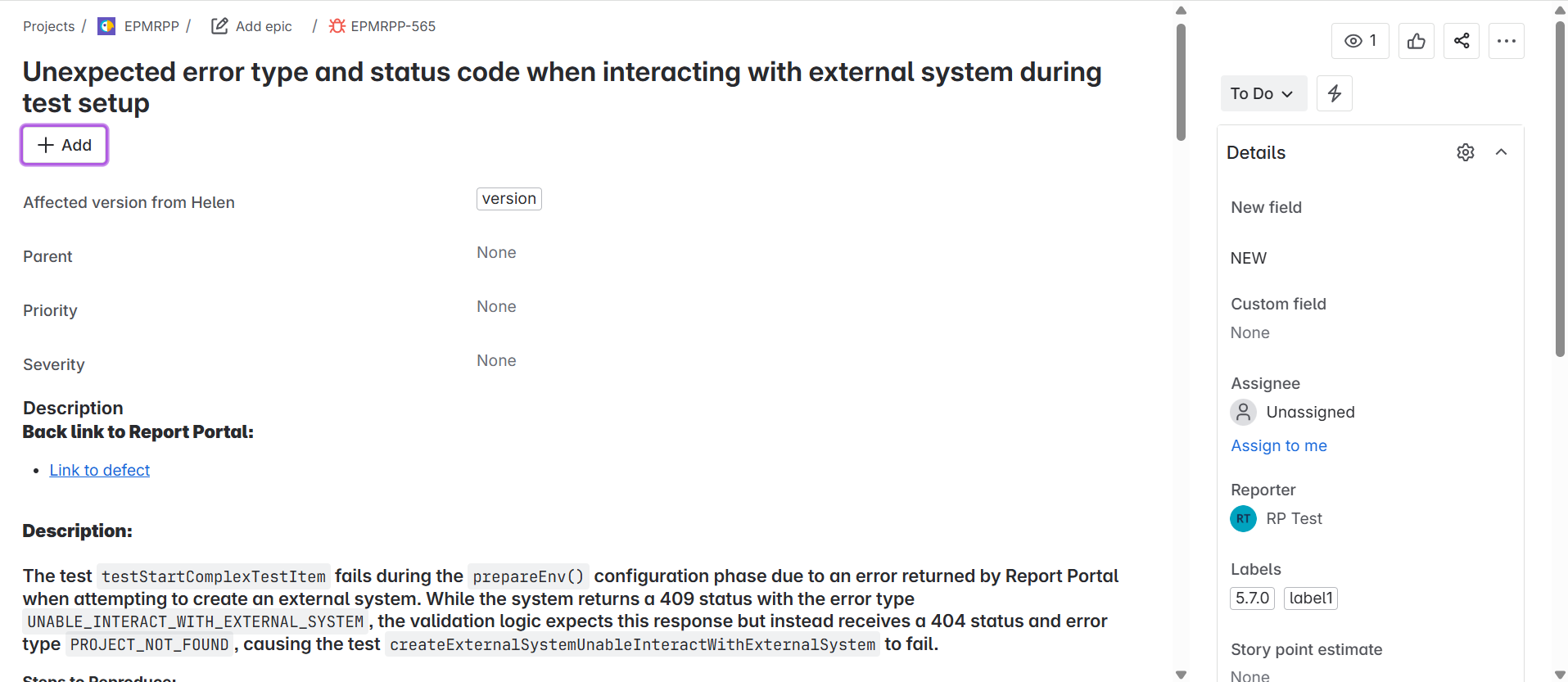 Issue in the bug tracking system