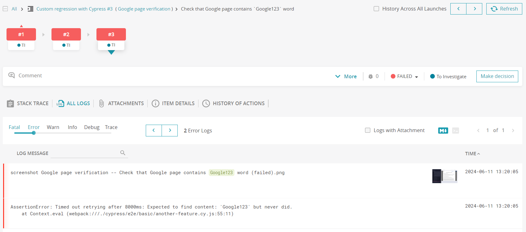 The error logs thrown by the failed tests