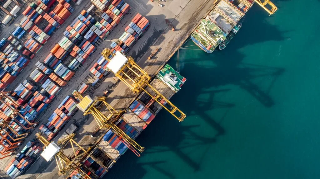 Aerial view of shipping port.