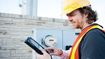 A man wearing a safety hat and vest looking at a tablet at an energy meter.