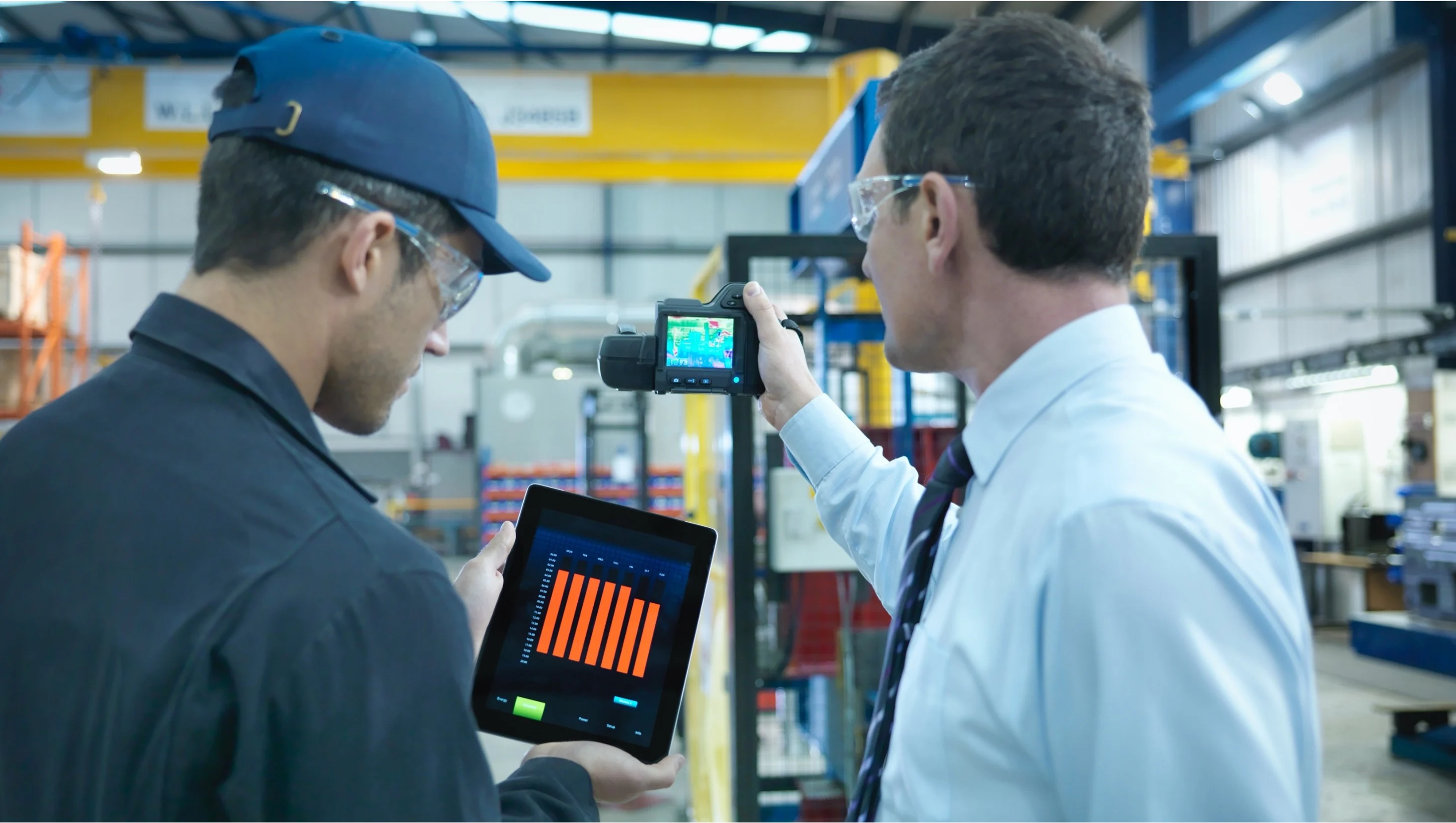 Two men in a factory setting, one holding a thermal imaging camera and the other holding a tablet displaying a bar graph, both wearing safety glasses.