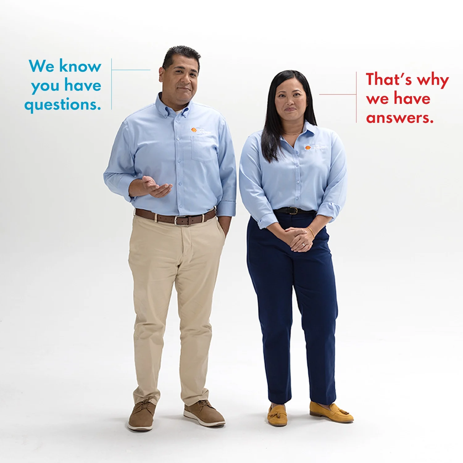 Two Shell Energy Solutions employees. The first employee has a caption that says "We know you have questions." The second employee has a caption that says "That's why we have answers."