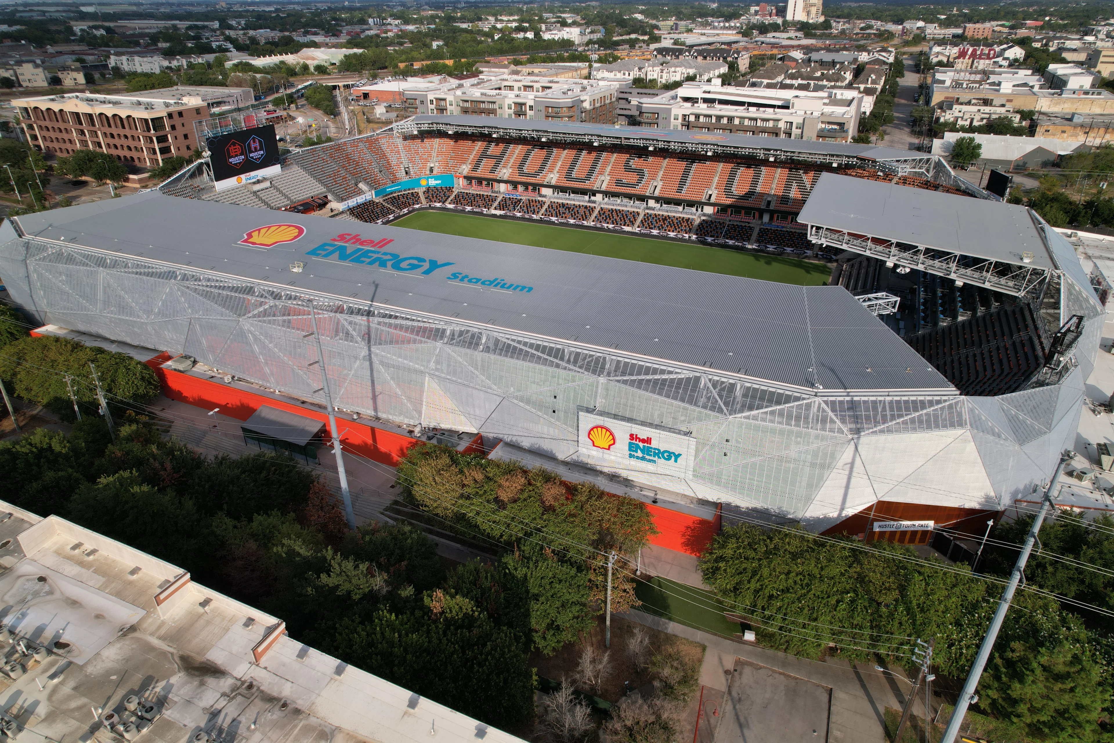 Aerial view of Shell Energy Stadium in Houston Texas