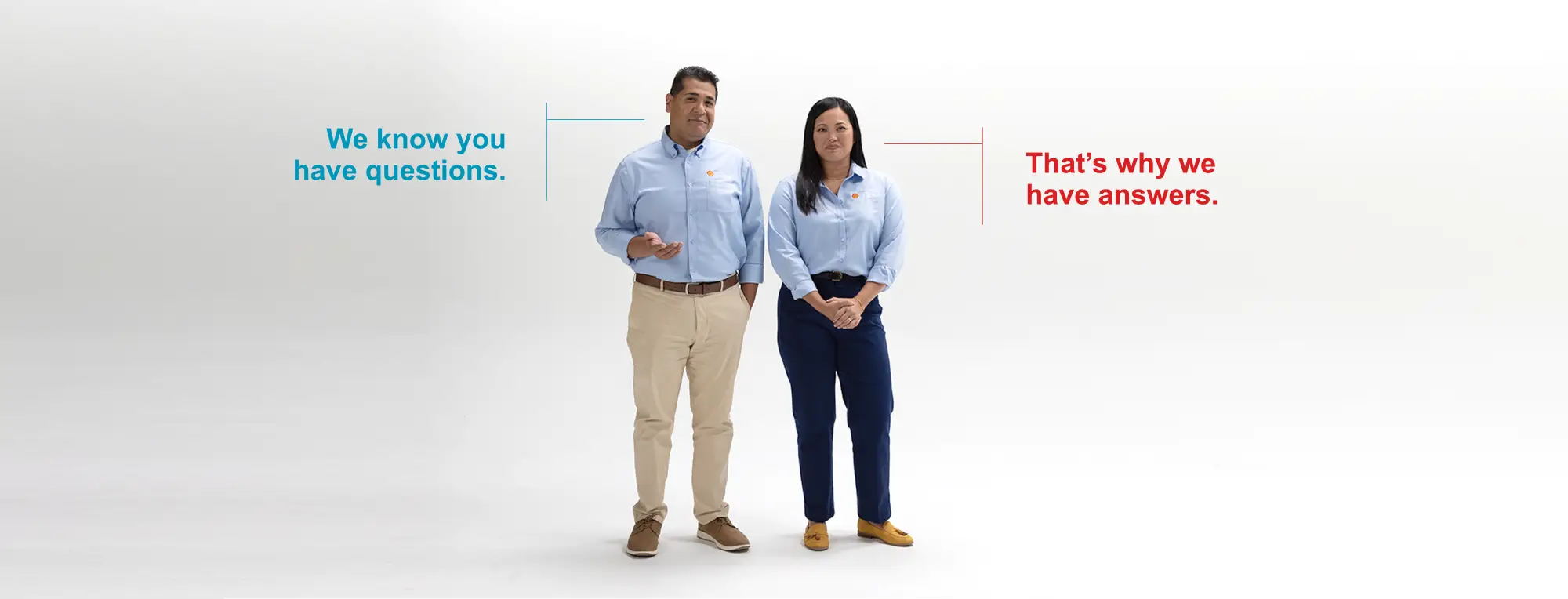 Two Shell Energy Solutions employees. The first employee has a caption that says "We know you have questions." The second employee has a caption that says "That's why we have answers."