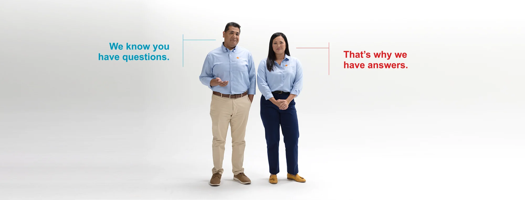 Two Shell Energy Solutions employees. The first employee has a caption that says "We know you have questions." The second employee has a caption that says "That's why we have answers."