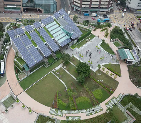 Aerial view of city park in the daytime.