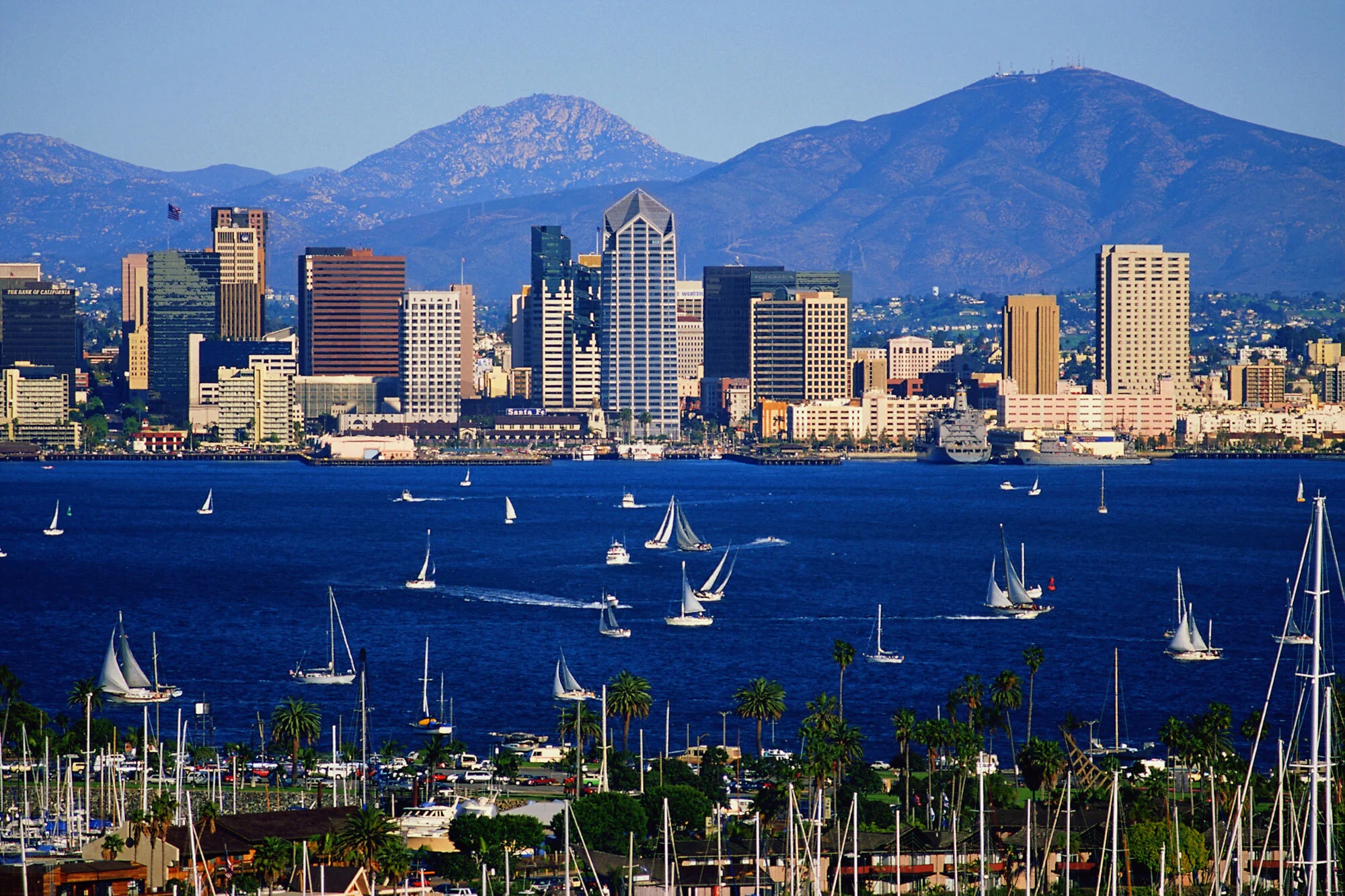 A view of several boats off the coast in San Diego with the skyline and mountains in the background