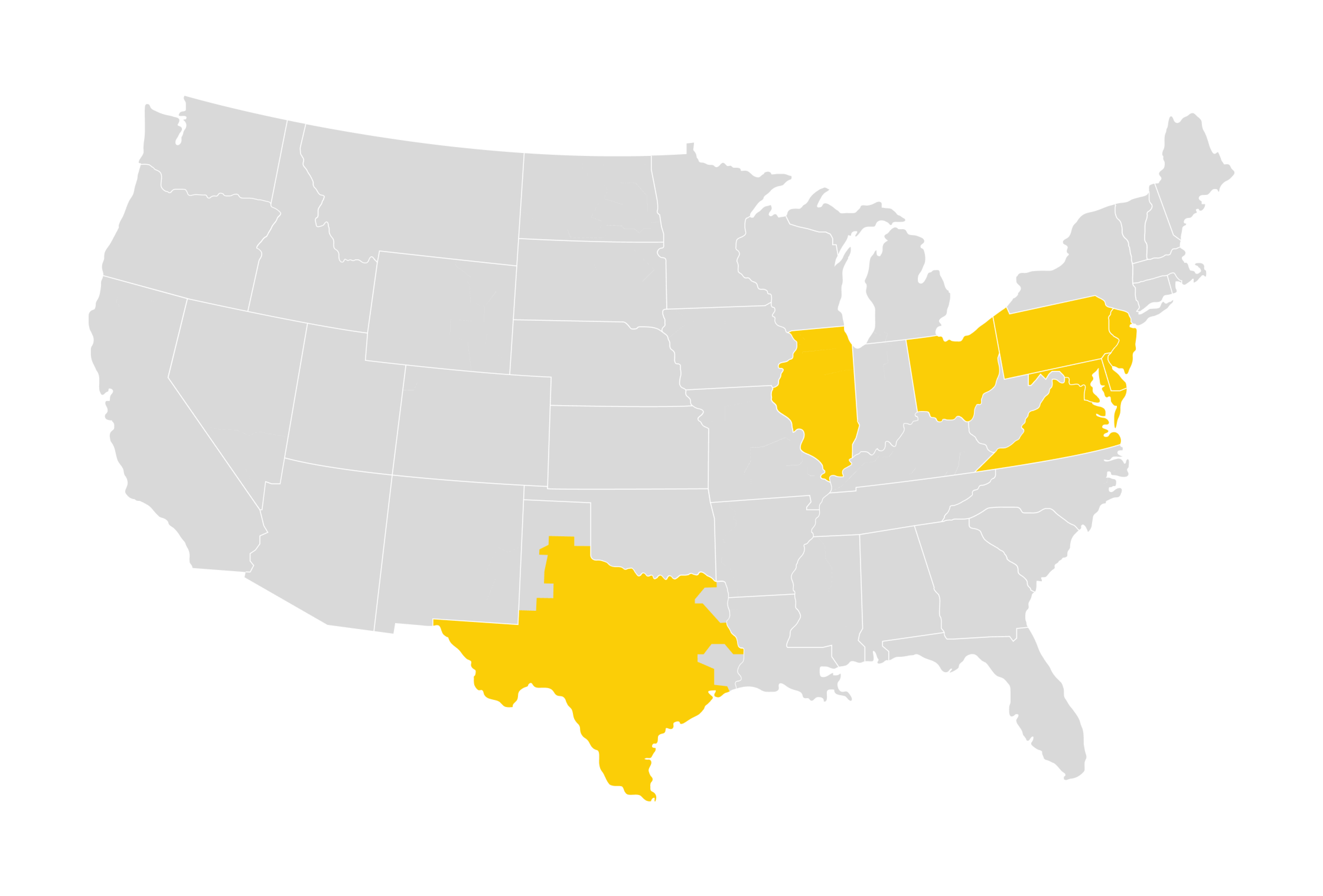 Map of the United States with some states in yellow