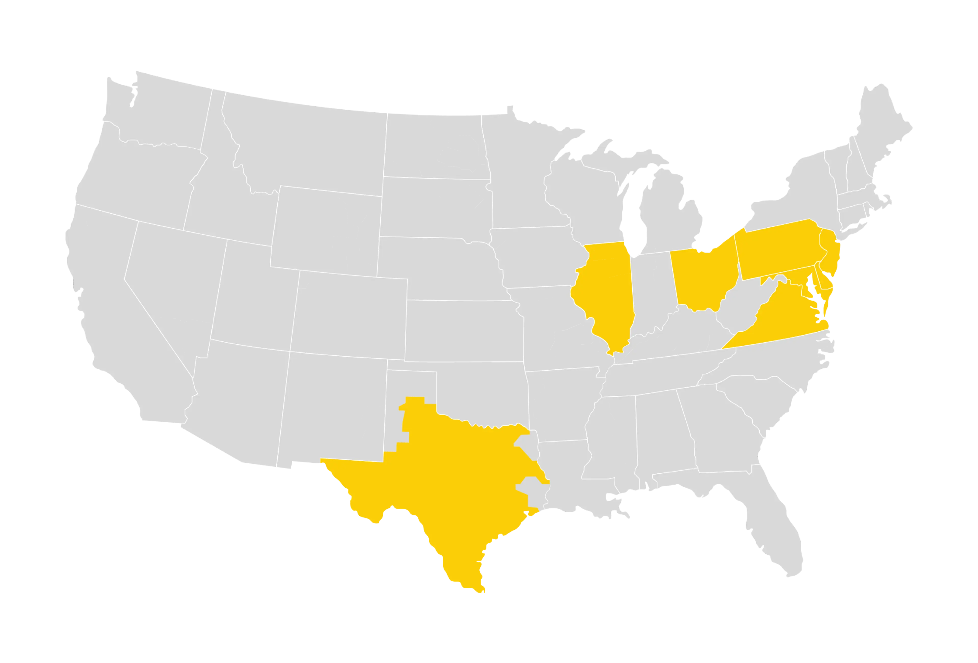 Map of the United States with some states in yellow