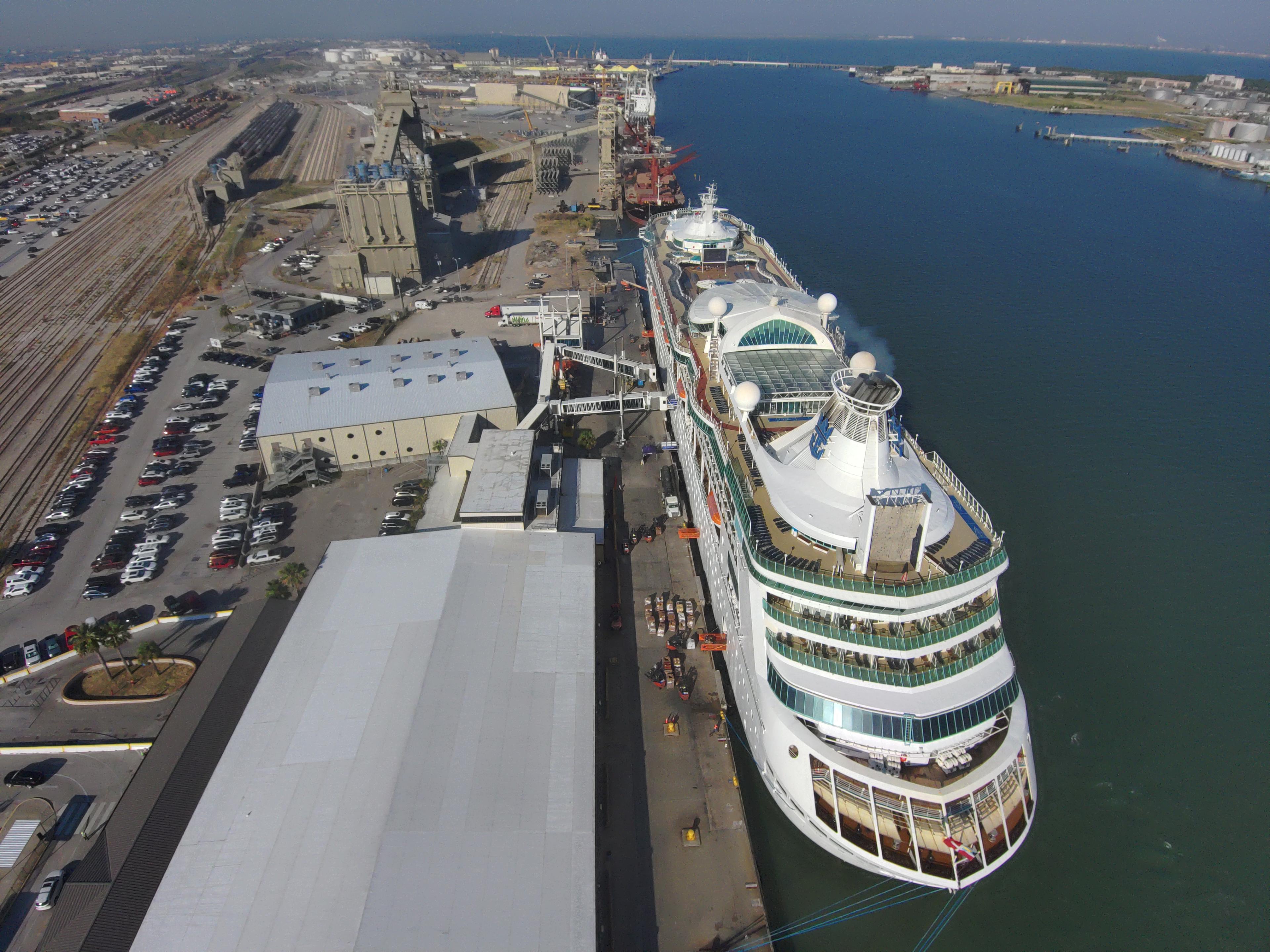 A cruise ship docked at the Galveston Wharves