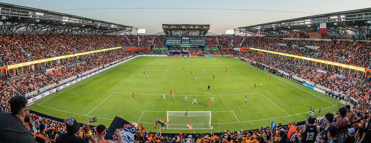 A photo of the field and stadium during a Houston Dynamo FC match