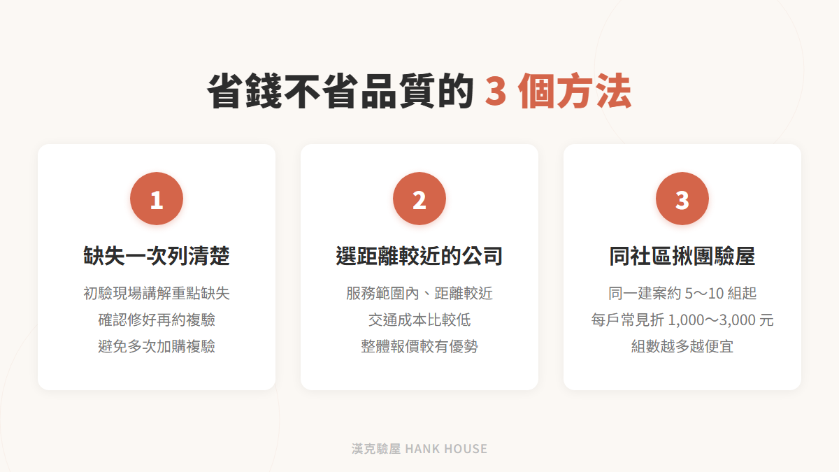 驗屋費用省錢 3 個方法:初驗缺失一次列清楚再約複驗、選距離較近的驗屋公司、同社區揪團驗屋