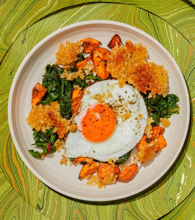 Cravings | Crispy Rice Bowl with Sweet Potatoes, Greens & Eggs