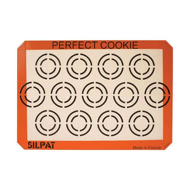 The perfect complement to your cookie-making adventure. We love SILPAT Silicone mats for gentle even cooking when we bake, and this cookie-themed version helps you achieve perfectly sized cookies everytime.