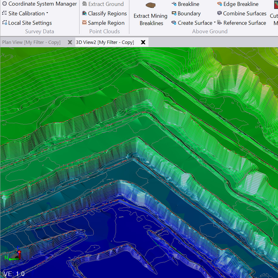 Trimble Business Center showing a quarry with breaklines and a point cloud