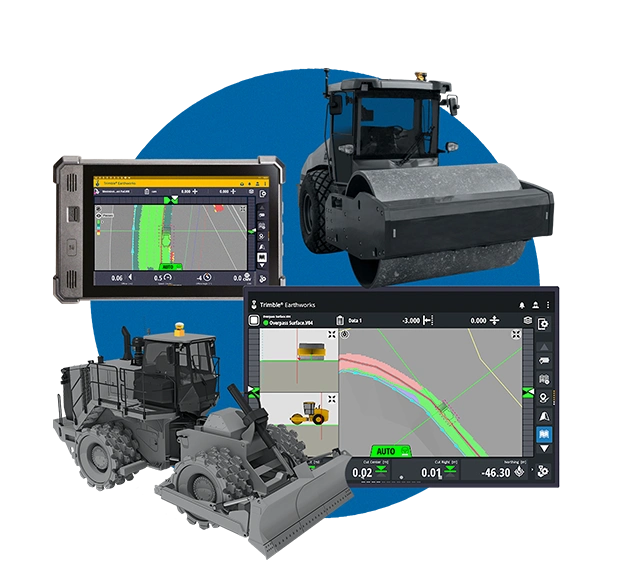Trimble Earthworks compaction control technology with TD540 display, soil compactor, landfill compactor, and WorksOS interface