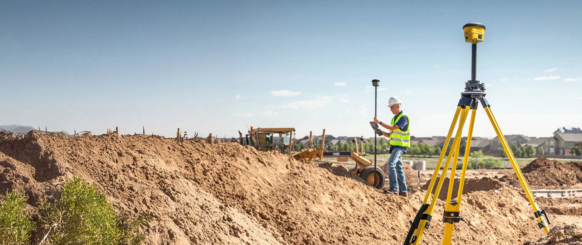 Trimble R780 smart antenna as a base station on a job site. A contractor uses the R580 antenna and TSC7 controller in the background