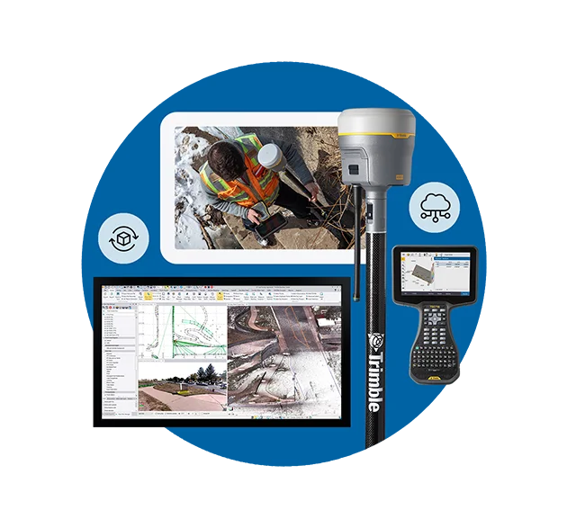 Trimble Geospatial GNSS systems available on a Trimble Works subscription, including the R980, TSC710 controller, CenterPoint RTX precision, and Trimble Business Center software.