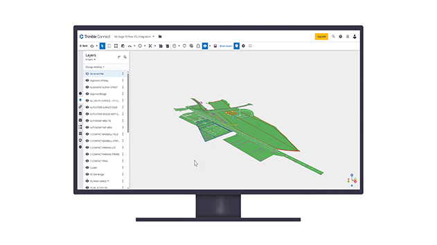 Desktop monitor displaying Trimble Connect software model layers