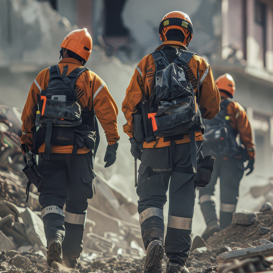 Emergency workers navigating through debris and rubble, assessing the damage after a fire incident