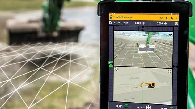 In-cab view of Trimble Earthworks Grade Control with augmented reality on an excavator