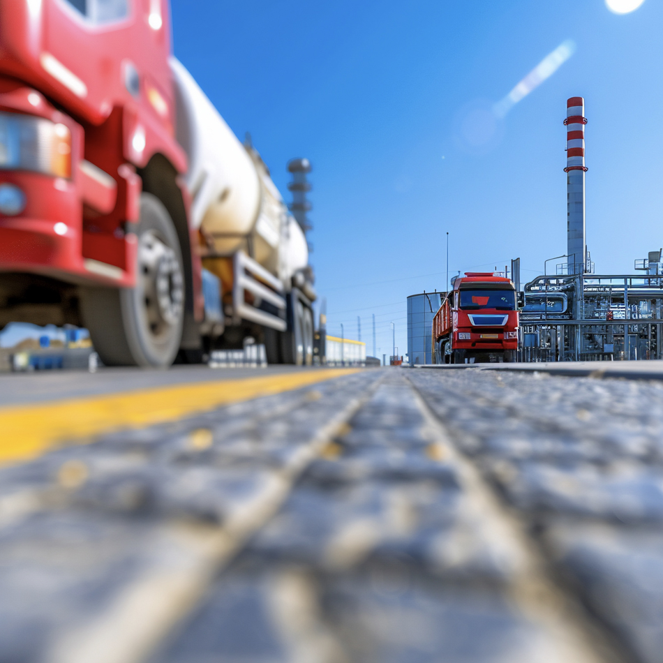 一辆红色卡车沿着一条靠近炼油厂的道路行驶，背景中可见工业结构