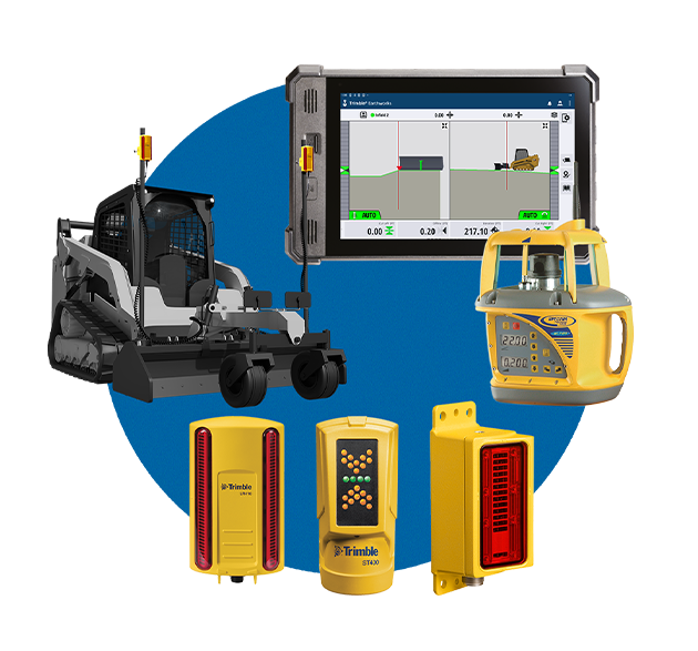 Trimble LR410 Laser Receiver, Spectra Precision GL700 Series Grade Laser, Trimble LC510 Laser Catcher, Trimble ST400 Sonic Tracer and excavator