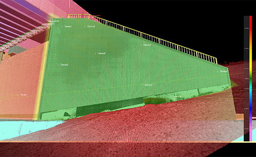 Trimble Business Center software showing a pointcloud of a wall elevation.