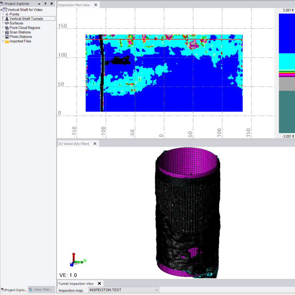 Trimble Business Center Mining software showing a scan of a vertical underground mine shaft