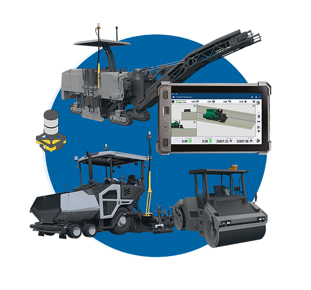 Trimble Roadworks on TD540 display, milling machine, paver, and roller for paving control