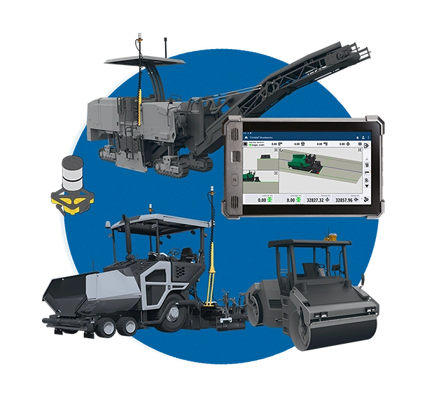 Trimble Roadworks on TD540 display, milling machine, paver, and roller for paving control